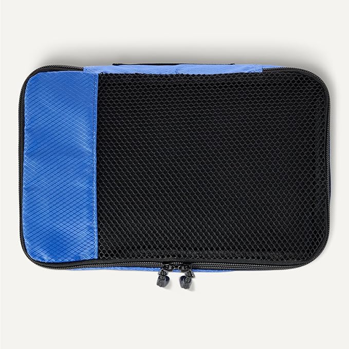 Amazon Essentials 4-Piece Packing Cubes Travel Accessories Set, Space-Saving Luggage Organizers with Double Zipper, Mesh Top, Small/Medium/Large/Slim, Blue (Previously Amazon Basics)