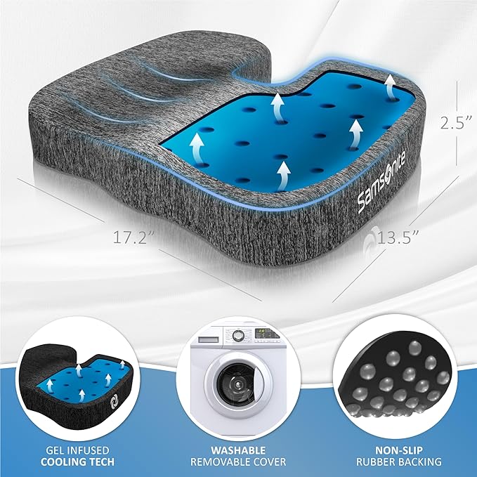 Samsonite Gel Infused Seat Cushion ā Ergonomic Cushion for Office Chair, Tailbone Pressure Pad, Coccyx Support for Sciatica, Memory Foam Seat for Car, Desk, or Gaming Chair Use, Grey