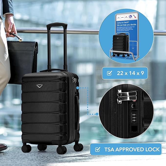 Flight Knight 22x14x9" Expandable Carry On Suitcase Hardside TSA Lock USB C Port Lightweight Luggage Silent Double Spinner Wheels Maximum Overhead Carry-On Bag For American & United Approved Airlines