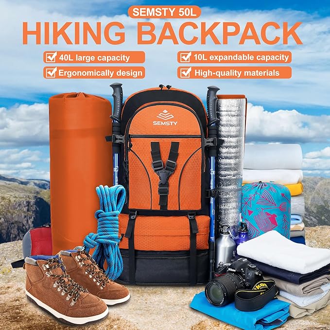 40L/50L Expandable Hiking Backpack for Men and Women, Travel Camping Backpack Flight Approved