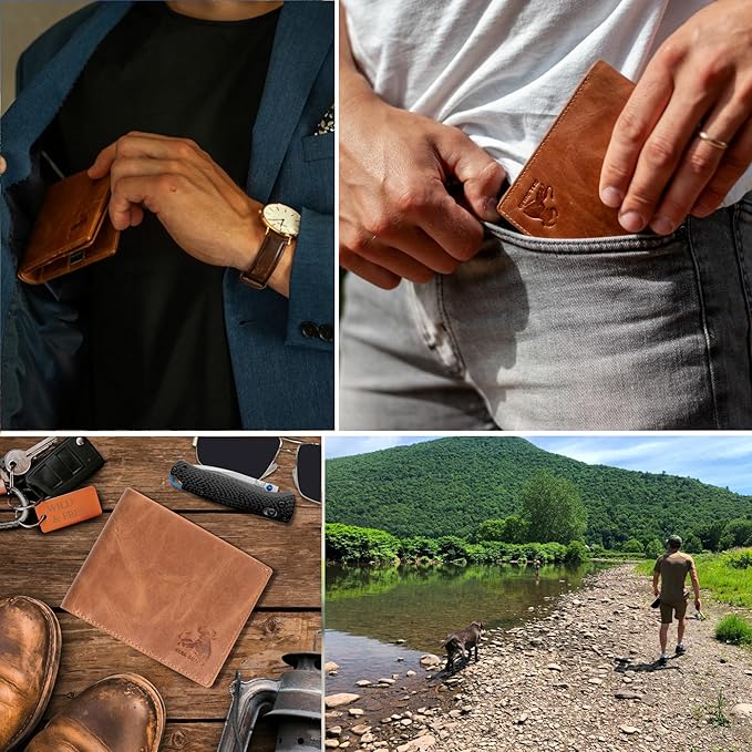 Mens Leather Wallet Bifold with ID Window and RFID Blocking Secure and Durable Extra Capacity Billfold with 11 Credit Cards In Wild Buck Tan