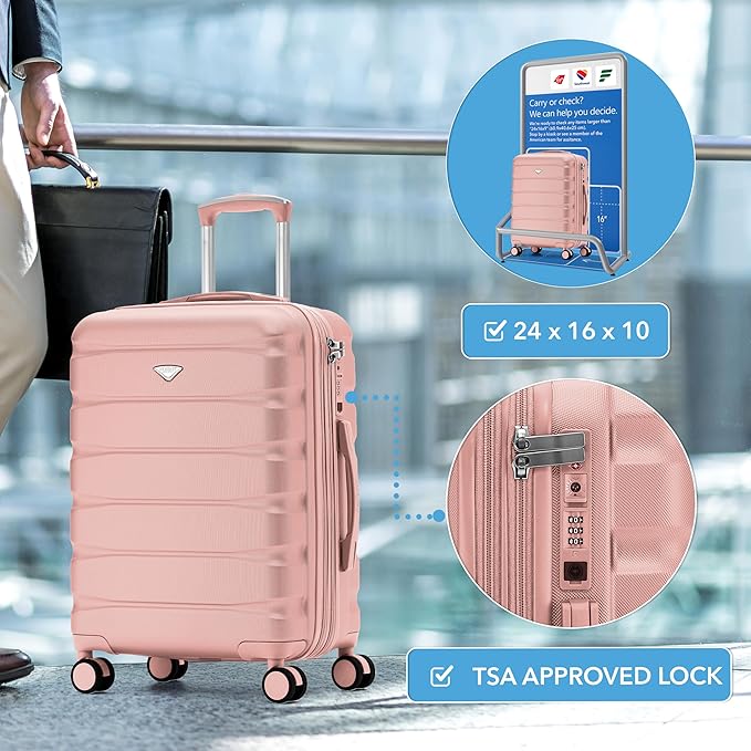 Flight Knight 24x16x10 Expandable Carry On Suitcase Hardside TSA Lock USB C Port Lightweight Luggage Silent Double Spinner Wheels Maximum Overhead Carry-On Bag For Virgin, South West Approved Pink