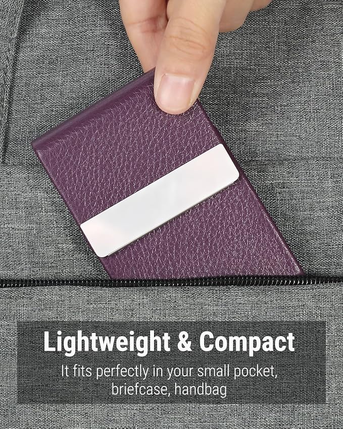 MaxGear Business Card Holder, Slim PU Leather & Stainless Steel Business Card Case for Men & Women, RFID Blocking Name Card Holder with Magnetic Closure, Purple