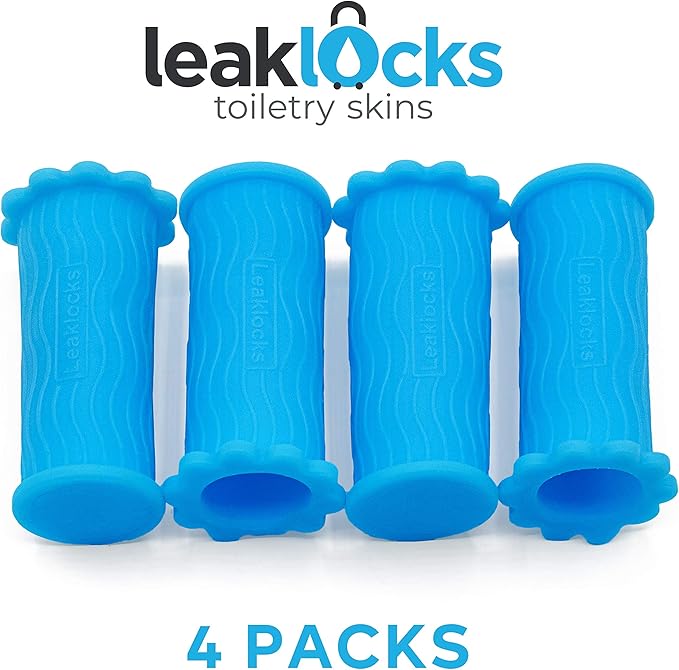 LeakLocks® Toiletry Skins™ Elastic Sleeve for Leak Proofing Travel Container in Luggage. For Standard and Travel Sized Toiletries. Reusable Accessory for Travel Bag Suitcase and Carry-on Luggage