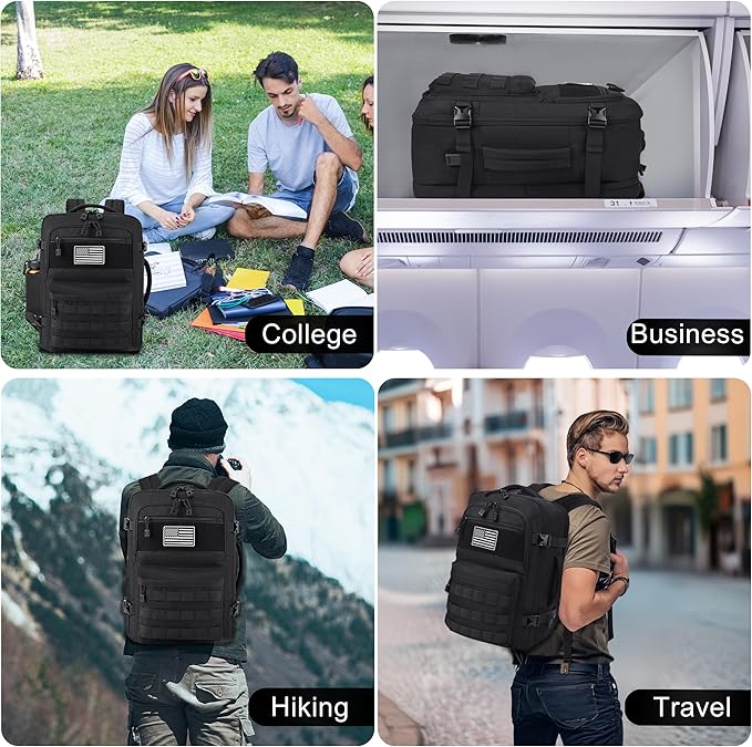 MOZETO TSA Approved Carry On Backpack, Extra Large Tactical Travel Backpack for Men, Airplane Approved Weekender Bag, Water Resistant Lightweight Laptop Daypack for Flight, Black
