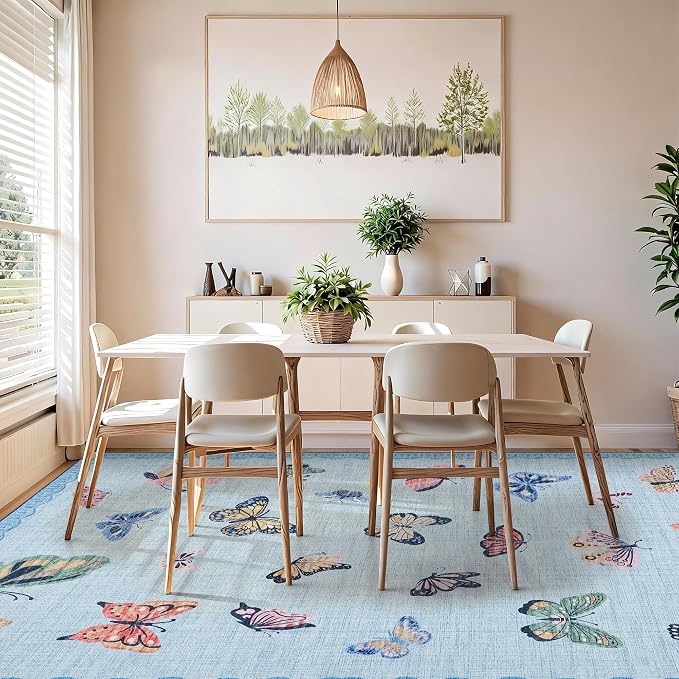GarveeHome Butterfly Area Rug 5x7, No Slip Washable Rug, Modern Bedroom Rug Under Bed Ultra Carpet, Low-Profile Rugs for Living Room Bedroom Dining Room, Light Blue