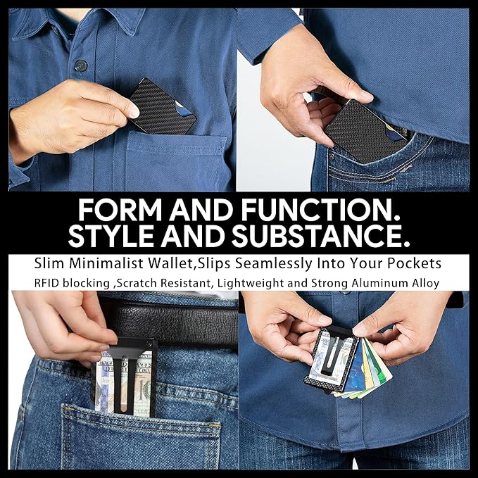 Carbon Fiber Minimalist Wallet for Men Credit Card Holder Money Clip & Cash Strap Slim RFID Mens Wallets(Matte Carbon Fiber)