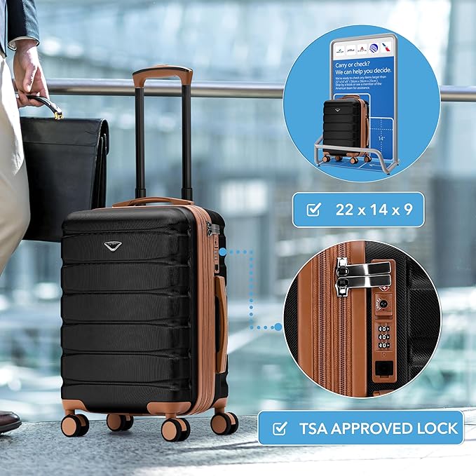 Flight Knight 22x14x9 Expandable Carry On Suitcase Hardside TSA Lock USB C Port Lightweight Luggage Silent Double Spinner Wheels Maximum Overhead Carry-On Bag American United Approved Black/Tan