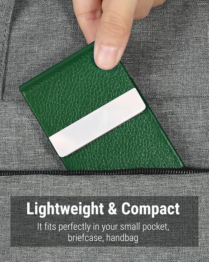 MaxGear Business Card Holder, Slim PU Leather & Stainless Steel Business Card Case for Men & Women, RFID Blocking Name Card Holder with Magnetic Closure, Dark Green