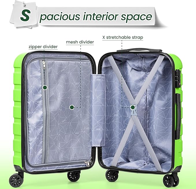 AnyZip Luggage Sets 3 Piece Hardshell Suitcase Set PC ABS Lightweight Travel Suitcases with 4 Double Spinner Wheels TSA Lock 20 24 28 Inch Apple Green