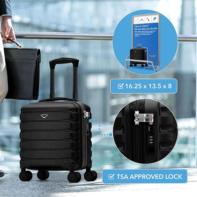 Flight Knight Carry On Suitcase 16.25x13.5x8 Hardside TSA Lock USB Port Lightweight Luggage Silent Double Spinner Wheels Maximum Underseat Carry-On Bag For Virgin South West Approved Black