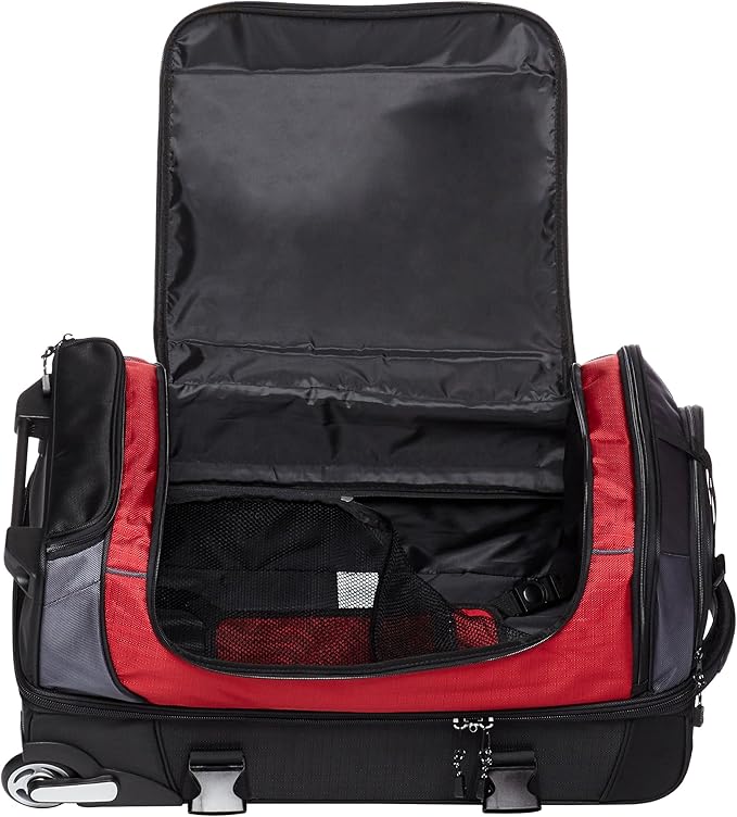 Amazon Basics Ripstop Wheeled Duffel Bag with Multi-Pocket Design, Portable, 30", Red