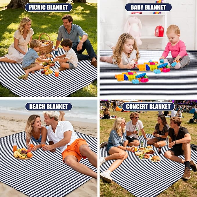 G GOOD GAIN Waterproof Picnic Blanket, 79"x79" Extra Large Beach Mat for 6 to 8 Adults, Machine Washable Outdoor Blanket for Camping, Grass, Park, Camping, Concerts, MiddleNavy