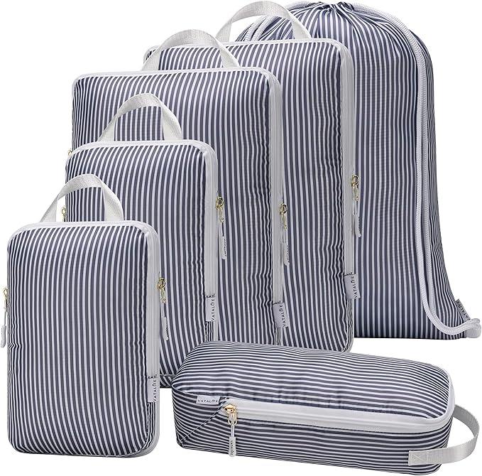 Compression Packing Cubes for Travel 6PC Set - Suitcase Organizer & Space Saver Bags for Carry On Luggage with Drawstring Backpack Grey Stripe