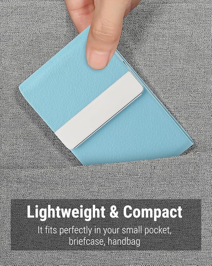 MaxGear Business Card Holder, Slim PU Leather & Stainless Steel Business Card Case for Men & Women, RFID Blocking Name Card Holder with Magnetic Closure, Light Blue