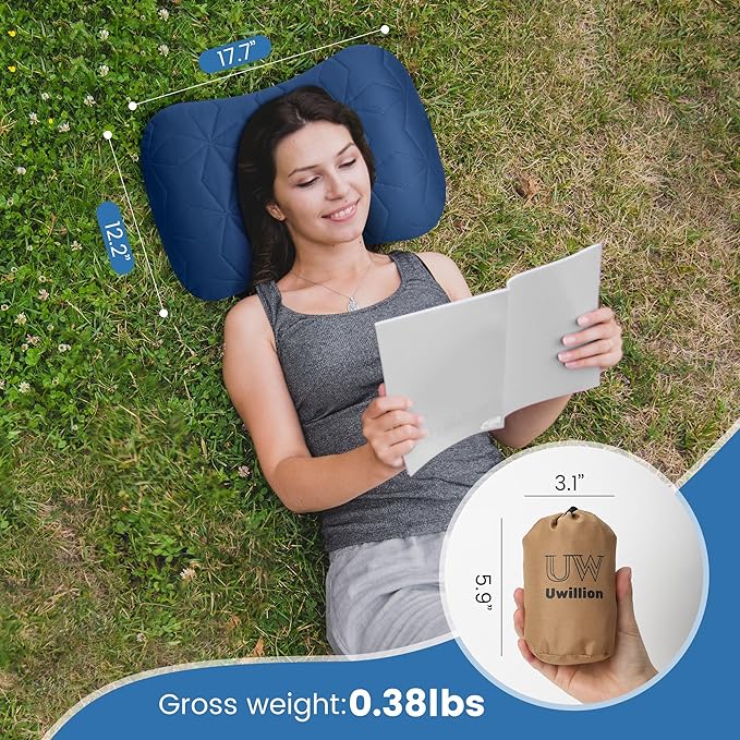 Camping Pillow with Removable Cover - Ultralight Inflatable Pillow for Camping Lightweight, Ergonomic and Washable for Camping, Hiking, and Travel Blue
