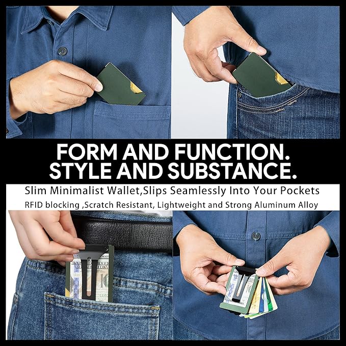 Carbon Fiber Minimalist Wallet for Men Credit Card Holder Money Clip & Cash Strap Slim RFID Mens Wallets(Matte Green)