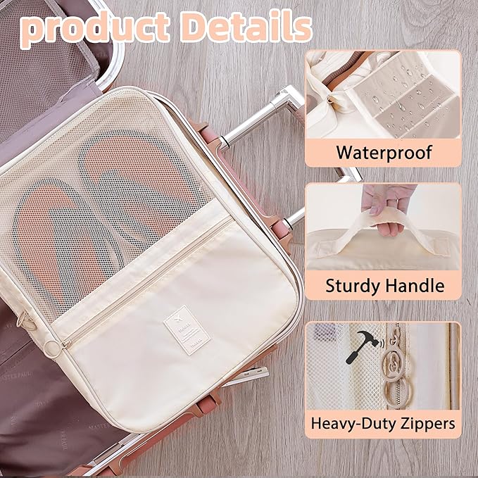 Large Shoe Bags for Travel Holds 4 Pair of Shoes, Shoe Storage Pouch with 3 Layers Compartments, Waterproof & Washable (Cream)
