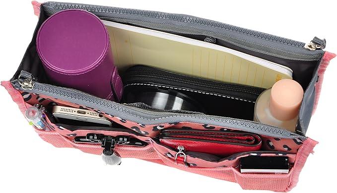 Vercord Purse Organizer Insert for Handbags Bag Organizers Inside Tote Pocketbook Women Nurse Nylon 13 Pockets Pink Leopard Medium