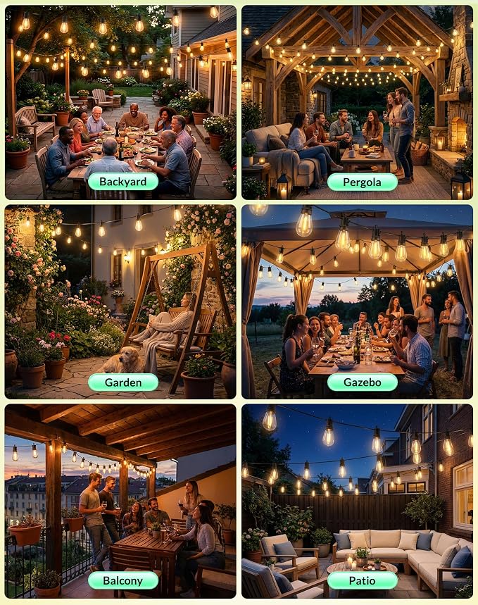 Outdoor String Lights Patio Light - 65Ft Outside Waterproof Dimmable Bulbs | S14 LED Remote Porch Light, Shatterproof Edison Bulbs Hanging Connectable Lighting for Gazebo Backyard Bistro Pergola, Timer