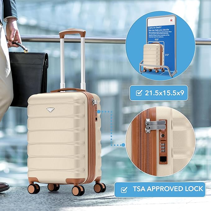 Flight Knight 21.5x15.5x9 Expandable Carry On Suitcase Hardside TSA Lock & USB C Port Lightweight Luggage Silent Double Spinner Wheels Maximum Canada Air Overhead Bag Airlines Approved Cream