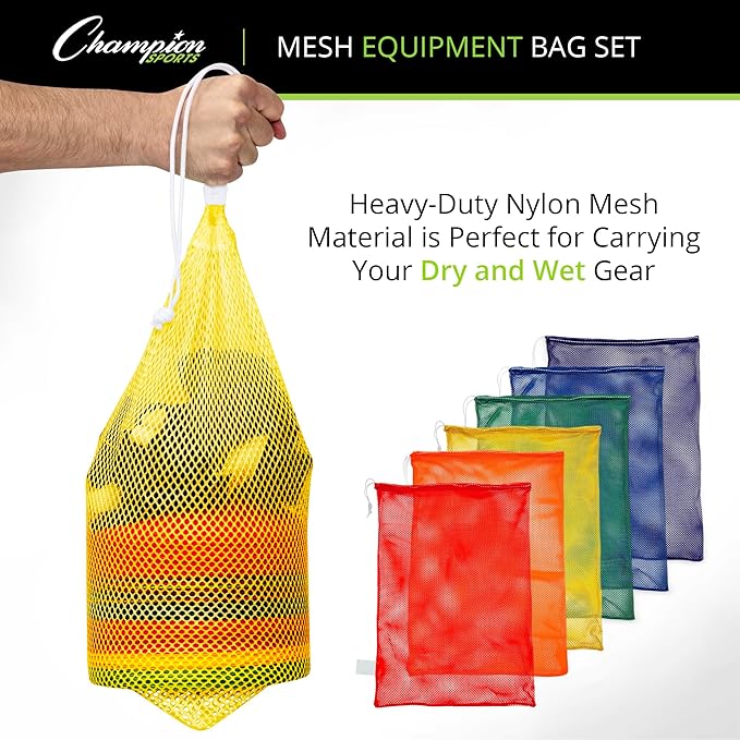 Champion Sports Mesh Equipment Bag – Heavy-Duty Nylon Drawstring Bag with Lock & ID Tag, Breathable Storage Sack for Balls, Swim Gear, Laundry & Toys, Multiple Sizes & Colors