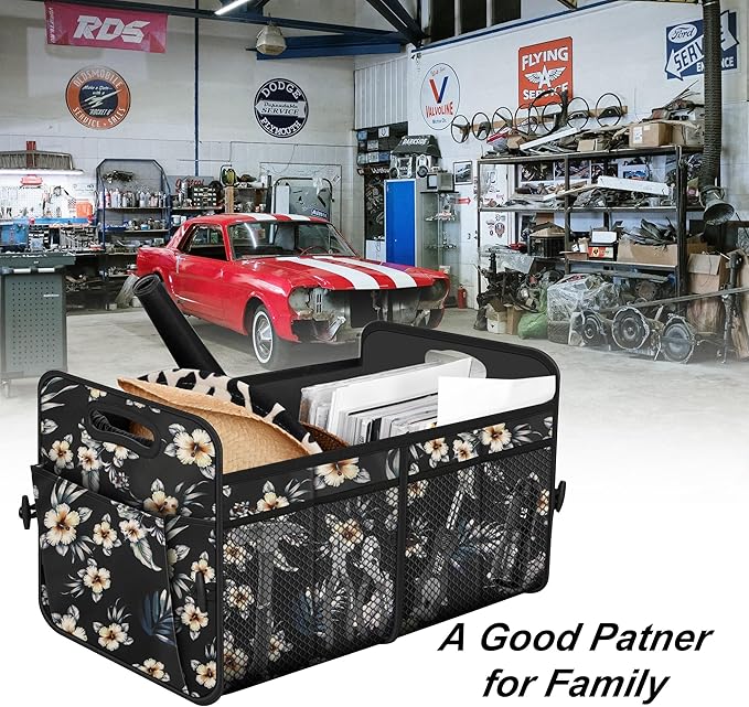 Femuar Car Trunk Organizer,Car Storage Organizer with 72L Large Capacity Waterproof Collapsible and 11 Pockets,Trunk Organizer for Car Suv/Jeep/Sedan, Large Size, Hibiscus flowers