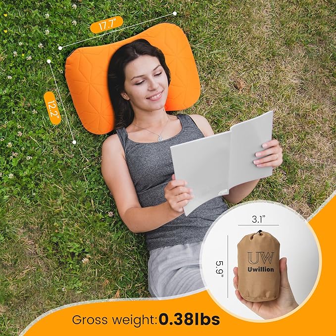 Camping Pillow with Removable Cover - Ultralight Inflatable Pillow for Camping Lightweight, Ergonomic and Washable for Camping, Hiking, and Travel Orange