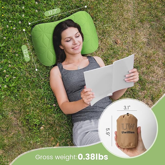Camping Pillow with Removable Cover - Ultralight Inflatable Pillow for Camping Lightweight, Ergonomic and Washable for Camping, Hiking, and Travel Green