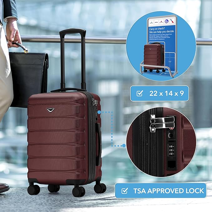 Flight Knight 22x14x9 Expandable Carry On Suitcase Hardside TSA Lock USB C Port Lightweight Luggage Silent Double Spinner Wheels Maximum Overhead Carry-On Bag For American United Approved Burgundy