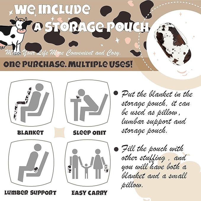 Bnuitland Cow Print Throw Blanket, Large Size 90x90 Inches with Storage Pouch, 300 GSM Double Sided Lightweight Fuzzy Decor, Super Soft Cozy Gift Flannel Fleece Blanket for Bed/Sofa/Couch/Outdoor