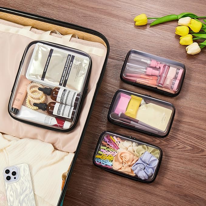 4 pcs Clear Zipper Pouches,Hard Shell Zipper Case, Toiletry Bag for Travel, CLear Diaper Bag, Toiletry Pouch, Travel Organizer, Cosmetic Bag,Toy Storage Bins (M+3S)(Black)