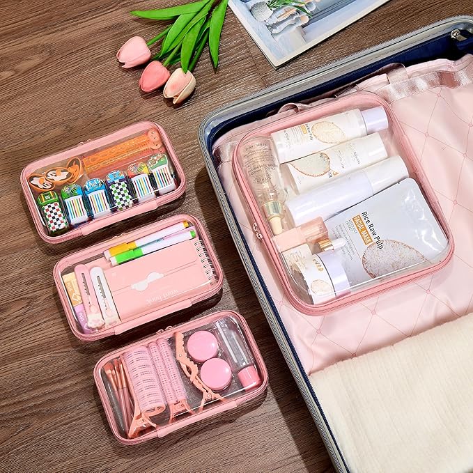 4 pcs Clear Zipper Pouches,Hard Shell Zipper Case, Toiletry Bag for Travel, CLear Diaper Bag, Toiletry Pouch, Travel Organizer, Cosmetic Bag,Toy Storage Bins (M+3S) (Light Pink)