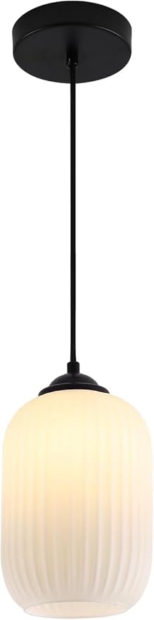 KCO Farmhouse Black Small 5.5” Ribbed Cylinder White Glass Pendant Light | Adjustable Cord E26 Hardwired Hanging Lamp Mid Century Modern Vintage Hanging Light for Kitchen Island Bedroom Dining Room