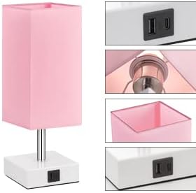 Touch Control Table Lamp with 2 USB Charging Ports, 3 Way Touch Lamps Beside Desk, Nightstand Lamp for Bedrooms Living Room, Pink Shade with White Base, LED Bulb Included(Pink) | 3-Way Dimmable, 3000K LED Bulb Included, Square Pink Shade White Base, Cu...