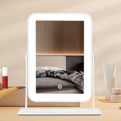 YEKKOPT Rechargeable Small Vanity Mirror with Lights,9"x11"Portable LED Desk Mirror, Make up Mirror with Lighting,Touch Screen with 3-Color Lighting, Dimmable, for Shaving, Tabletop, Bedroom