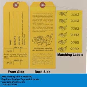 1000 Baggage Claim Check Tags with Manifold Construction for Multiple Bags. Yellow Stock, Printed in Black Ink with 6 Yellow Labels & Matching Numbers & Elastic String Attached. Size: 6 1/2" x 2 1/2"