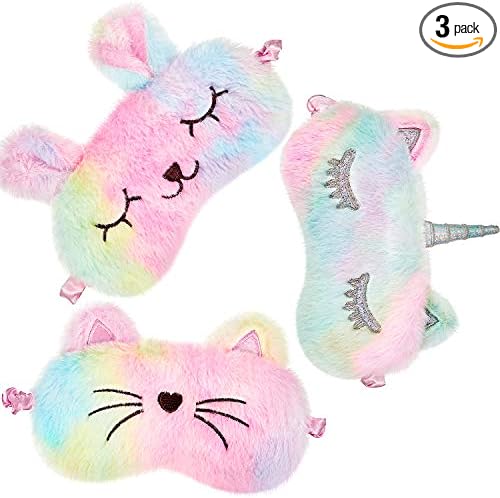 Geyoga Sleep Mask for Kids, Girls Plush Sleeping Eye Cover Soft Eye Blindfold Cover Animal Shade for Kids (Rainbow Color,Cat and Unicorn Style)