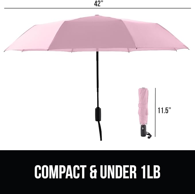 GORILLA GRIP Strong Windproof Stick Compact Umbrella for Rain, One-Click Automatic Open and Close, Durable Quick Dry Waterproof Material, Lightweight and Portable, Travel Size Fits Backpack, Pink