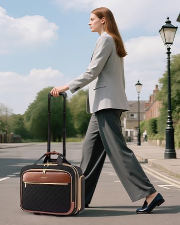 LOVEVOOK Rolling Laptop Bag Women, 17.3 Inch Laptop Briefcase with Wheels, Soft Sided Underseat Carry On Luggage Personal Item Suitcase for Work Travel Business, Black Brown