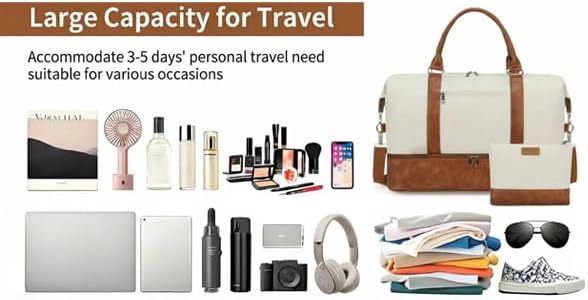 Oeihuivt Weekender Bags for Women - 21 Inch Large Travel Duffel Bag 2-Piece Set with Shoe Compartment, Heavy-Duty Canvas Leather Carry On Overnight Tote