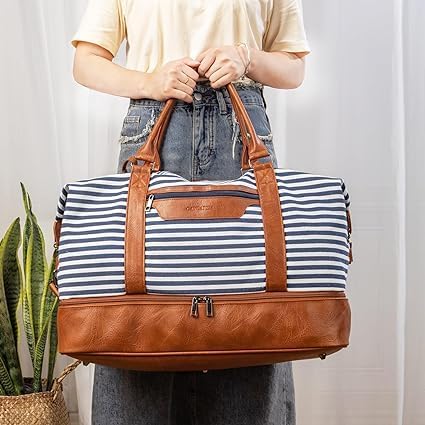 Oeihuivt Weekender Bags for Women - 21 Inch Large Travel Duffel Bag 2-Piece Set with Shoe Compartment, Heavy-Duty Canvas Leather Carry On Overnight Tote