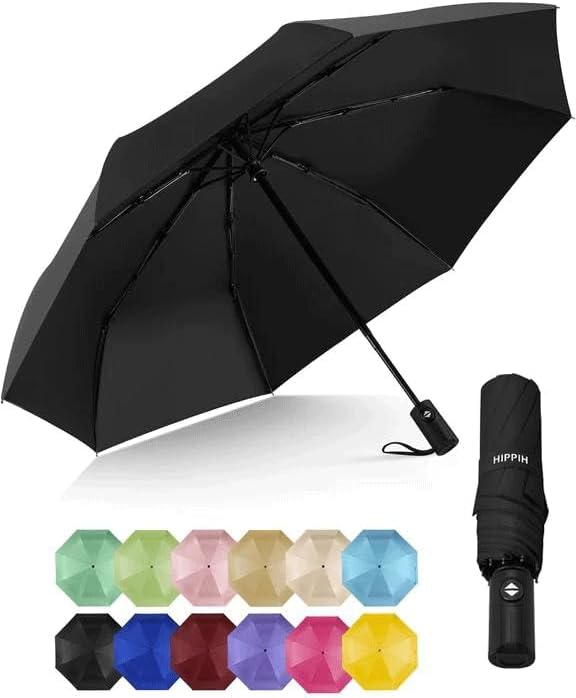 HIPPIH Compact Travel Umbrella for Rain - Windproof Automatic Umbrellas, UV Umbrella for Sun Protection with Black Anti-UV Coating, Portable Small Umbrellas for Backpack, Car, Walking, Kids, Women