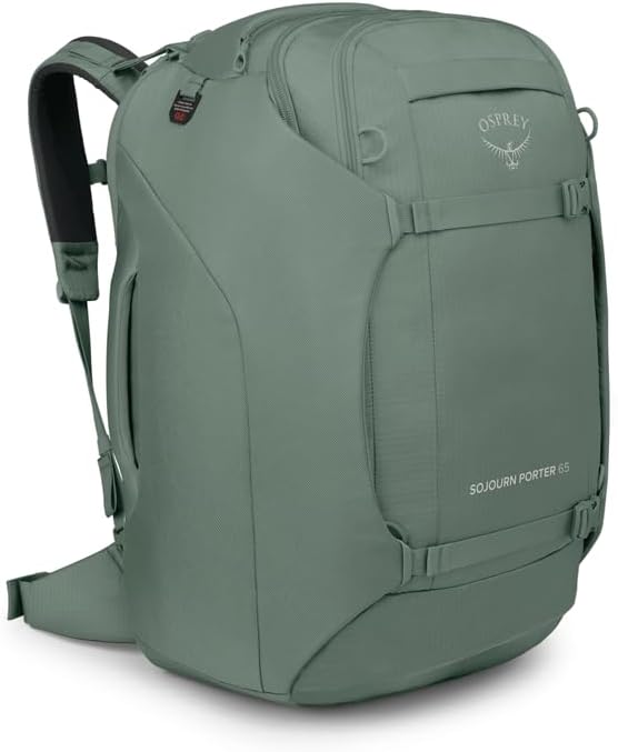 Osprey Sojourn Porter 65L Travel Backpack - Carry-On Compliant Luggage with StraightJacket Compression and Padded Laptop Sleeve - Durable Pack for International or Urban Travel, Koseret Green