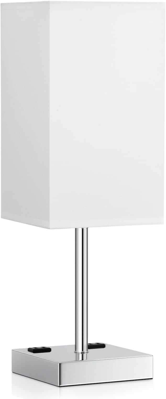 17.4" White Touch Table Lamp for Bedroom - Dimmable, USB C+A, 2 AC Outlets | 3-Way Dimming, 3000K Bulb Included, Square White Lampshade and Silver Base, Desk Lamp for Nightstand, Living Room, Dorm
