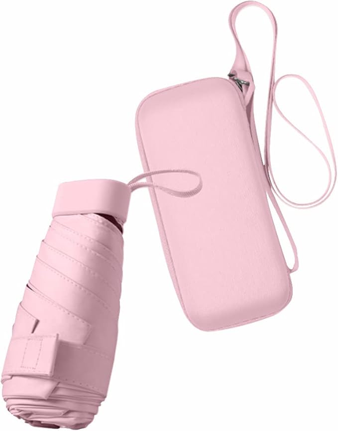 ESUFEIR Mini Sun Umbrella for Purse With Case, Small Compact UV Umbrella Travel Essentials, Lightweight Portable Parasol Windproof for Women Men Kids (Pink)