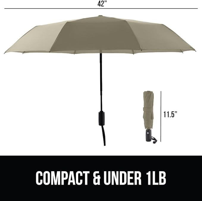 GORILLA GRIP Strong Windproof Stick Compact Umbrella for Rain, One-Click Automatic Open and Close, Durable Quick Dry Waterproof Material, Lightweight and Portable, Travel Size Fits Backpack, Beige