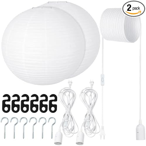 Rossesay 2 Sets Jumbo Round Paper Lanterns with Lamp Cord Cable White Hanging Paper Lanterns Chinese Japanese Pendant Hanging Lamp for Birthday Wedding Bridal Anniversary Party Decoration(24 Inch)