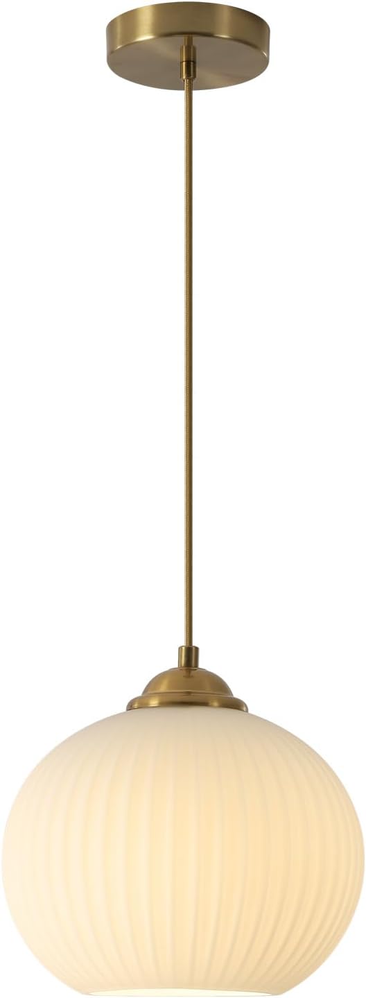 KCO Lighting Modern Brass Gold Globe 7.9” Ribbed Milk Glass Pendant Light | Small E26 Adjustable Cord Hanging Lamp, Mid Century Vintage Ceiling Light Fixture for Kitchen Island Dining Room Bedroom Bar