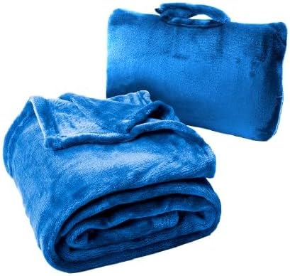 Cabeau Fold ‘N Go Travel Blanket Doubles as Neck Support Pillow, Versatile Lumbar Support Cushion, with Compact Travel Case - French Microfiber (Blue)